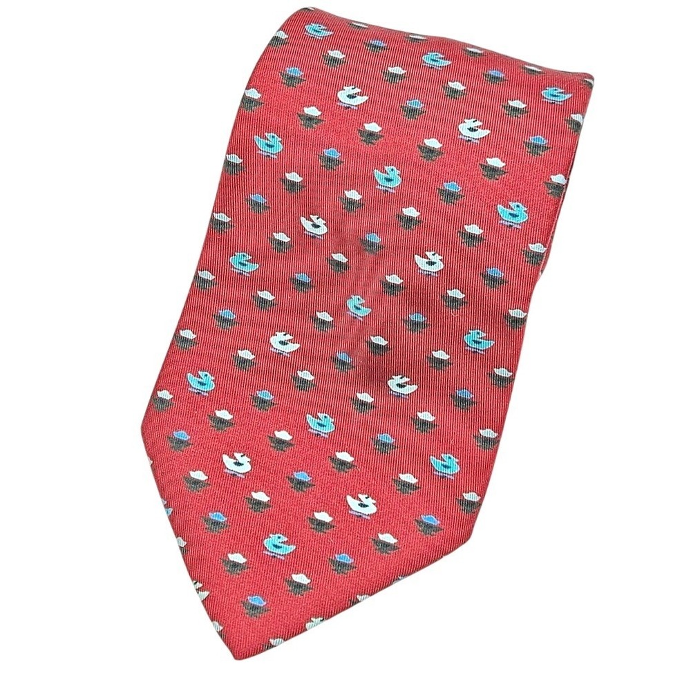 Hermes‎ Red Silk Duck Flower Pattern Necktie 7867 UA Made in France Mens Tie